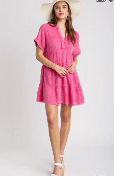 Mineral Wash Tiered Babydoll Dress - Hot Pink