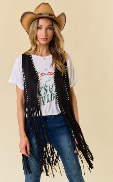 Studded Long Fringe Faux Suede Vest - Black