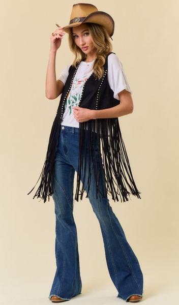 Studded Long Fringe Faux Suede Vest - Black