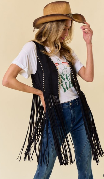 Studded Long Fringe Faux Suede Vest - Black