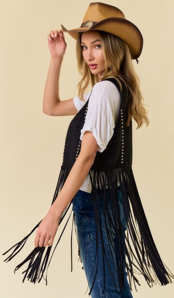 Studded Long Fringe Faux Suede Vest - Black