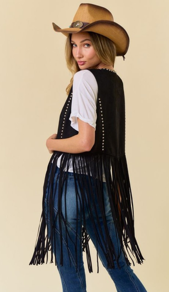 Studded Long Fringe Faux Suede Vest - Black