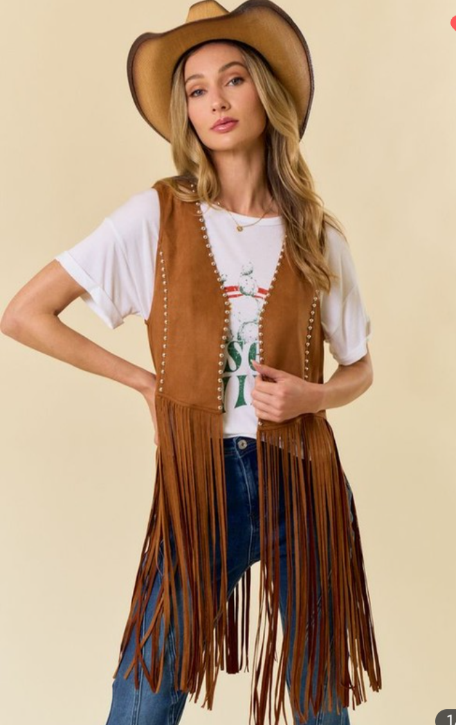 Studded Long Fringe Faux Suede Vest - Camel