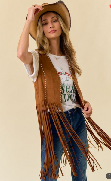 Studded Long Fringe Faux Suede Vest - Camel