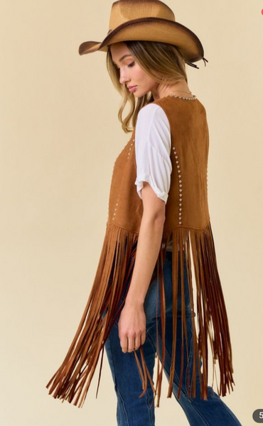 Studded Long Fringe Faux Suede Vest - Camel