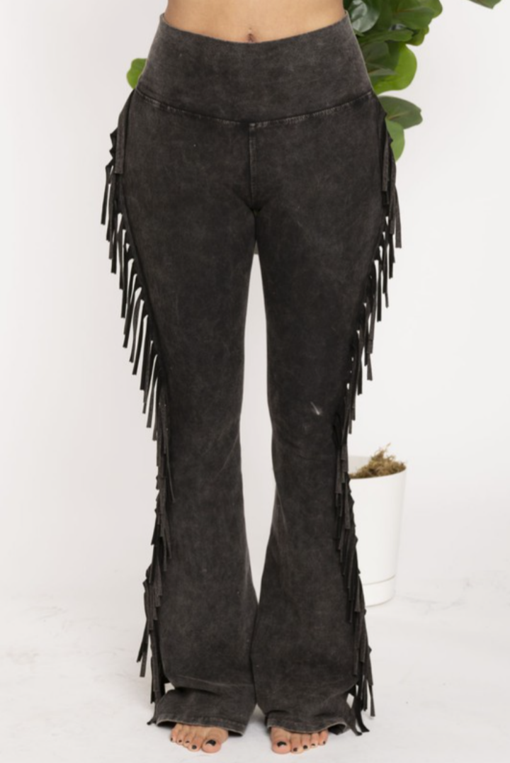 Side Fringe Mineral Wash Pants - Black