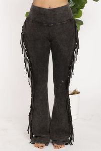 Side Fringe Mineral Wash Pants - Black