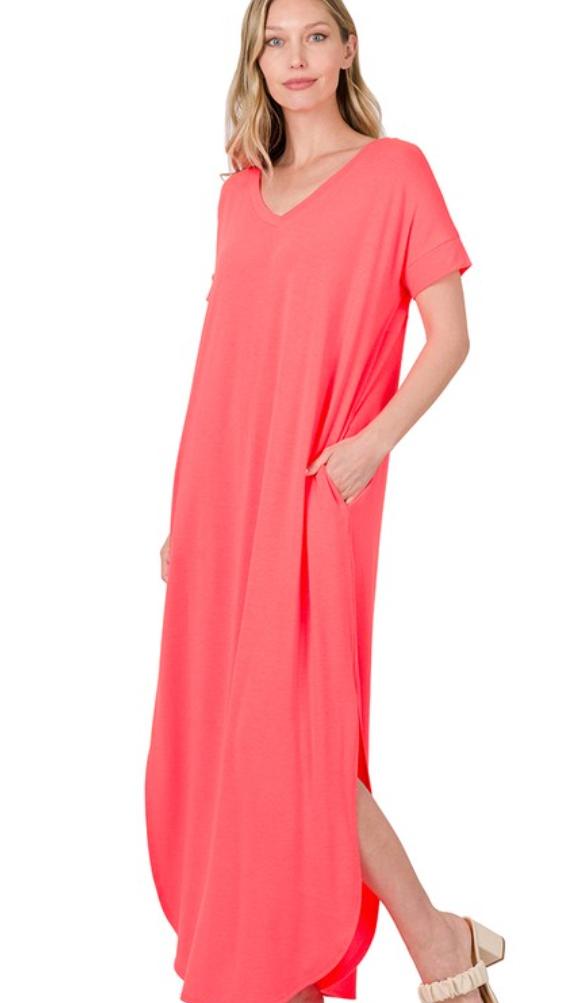 Vneck Maxi Dress - Coral Pink