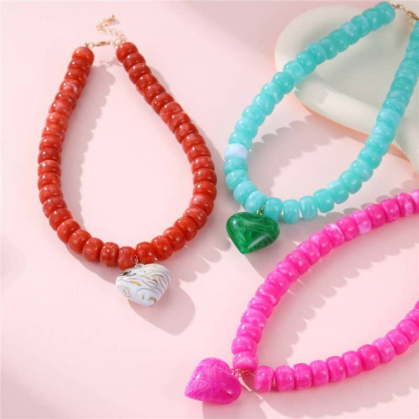 Heart Pendant Resin Beaded Necklaces: TURQ