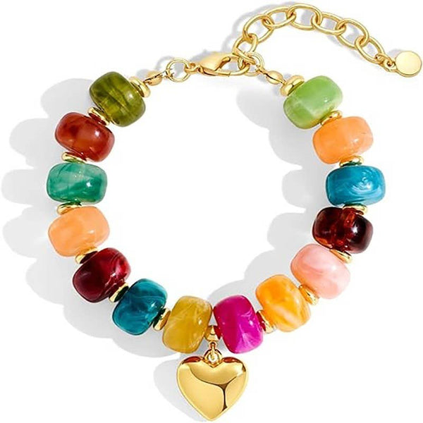 Colorful Resin Beaded Heart Charm Bracelet: GOLD