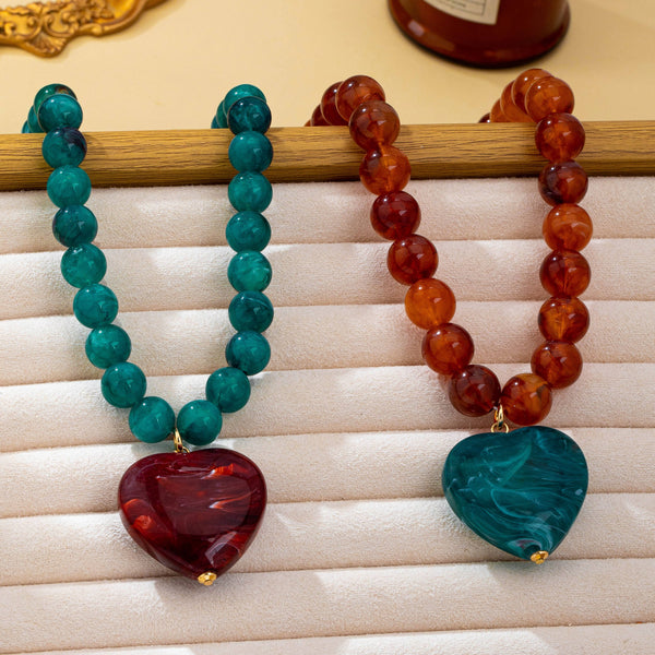 Marbled Bead Heart Pendant Statement Necklace: TORT