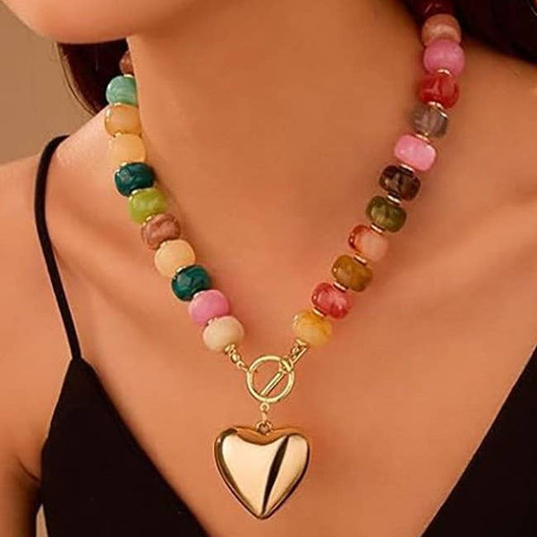 MULTI BEADED HEART CHARM TOGGLE NECKLACE |Multi