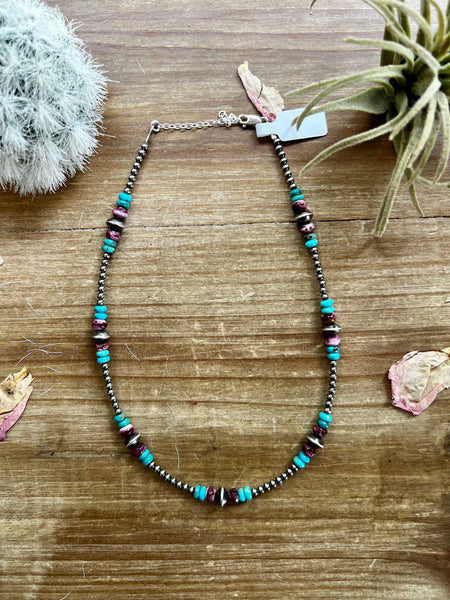 Sterling Silver Pearls choker with real turquoise and purple spiny oyster