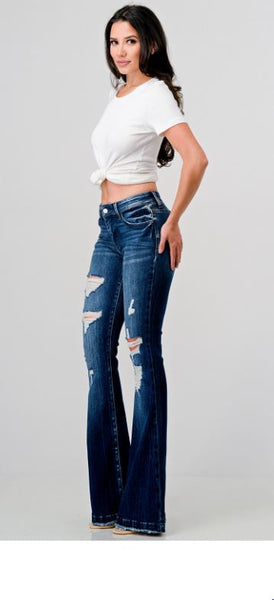 PETITE - DISTRESSED MID RISE STRETCH FLARE