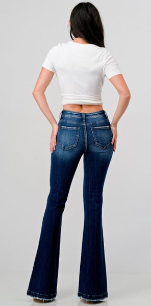 PETITE - DISTRESSED MID RISE STRETCH FLARE