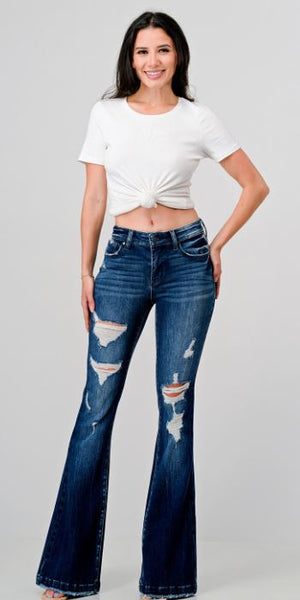 PETITE - DISTRESSED MID RISE STRETCH FLARE