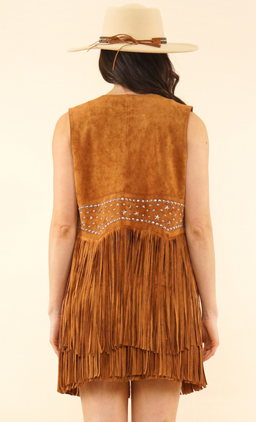 Suede Silver Studded Fringe Vest - Brown