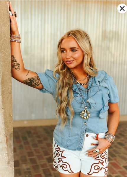 Light Wash Button Down Short Sleeve Ruffle Top