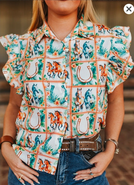 Horse Printed Collared Button Down Ruffle Short Sleeve Top