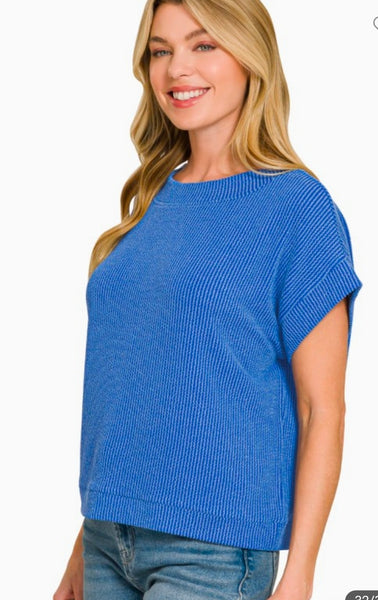 Ribbed Cap Sleeve Top - Bright Blue