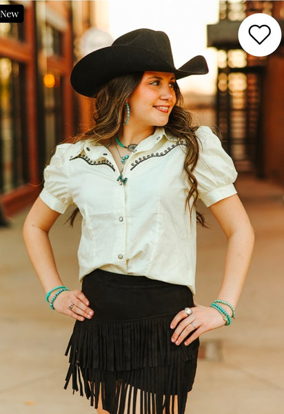 Ivory Studded Contrast Embroidered Puff Pearl Snap Button Down Shirt
