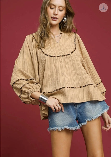 Texture Fabric Blouse with Animal Print - Taupe