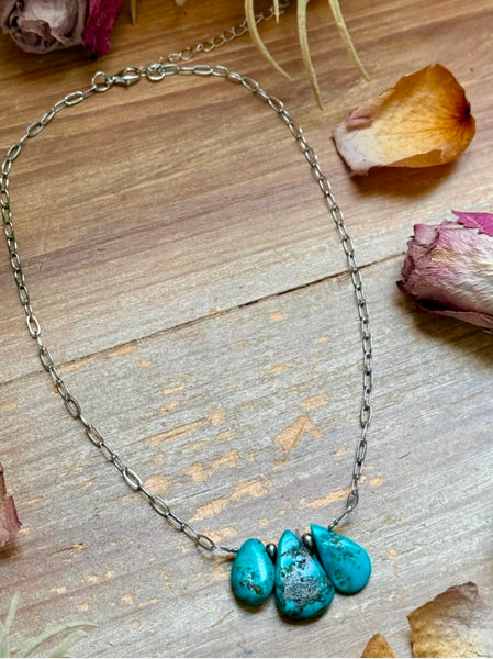 15” Turquoise Teardrop Chain Necklace – Silver Plated Paperclip