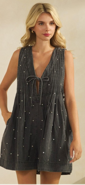 Pleated Rhinestone Denim Romper - Black wash