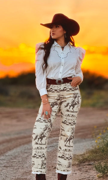 Beige Desert Printed High Rise Trouser Jeans (32in Inseam)