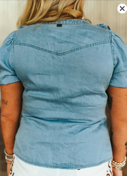 Light Wash Button Down Short Sleeve Ruffle Top