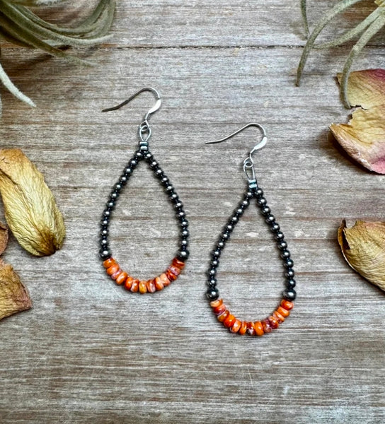 Teardrop Earrings – Sterling Silver Pearl & Orange Spiny Oyster