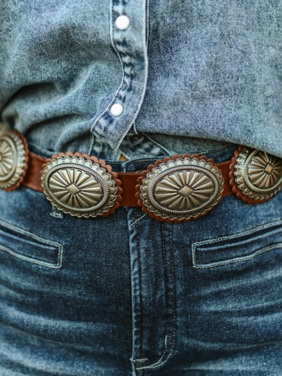 Brown Genuine Leather Oval Vintage Silver Concho Belt