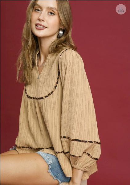 Texture Fabric Blouse with Animal Print - Taupe