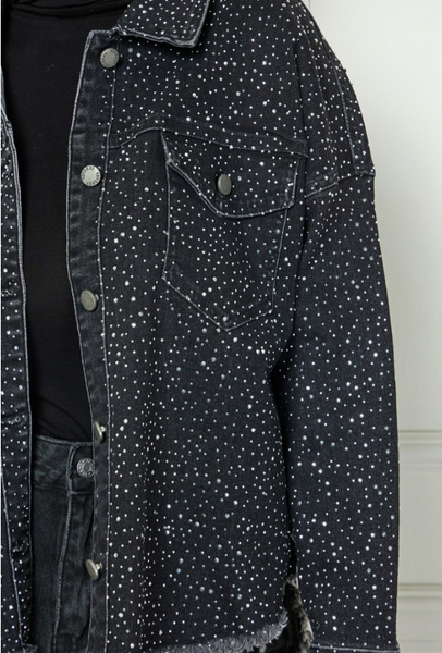 Sparkling Rhinestone Denim Shacket - Black