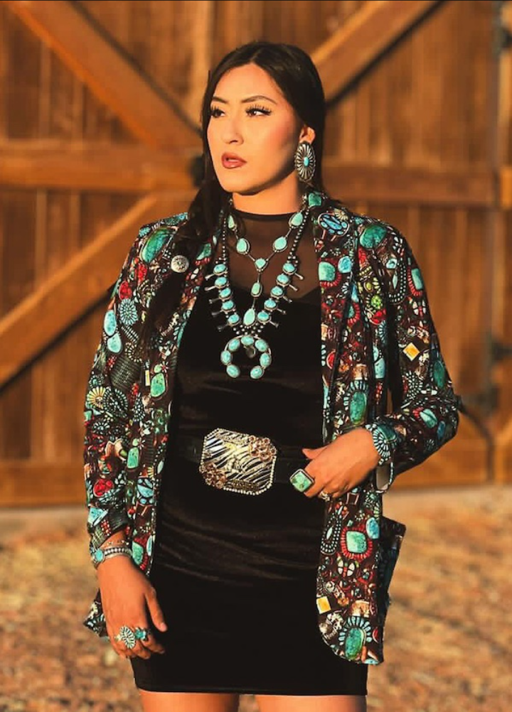 Turquoise Stone Jewelry Printed Blazer