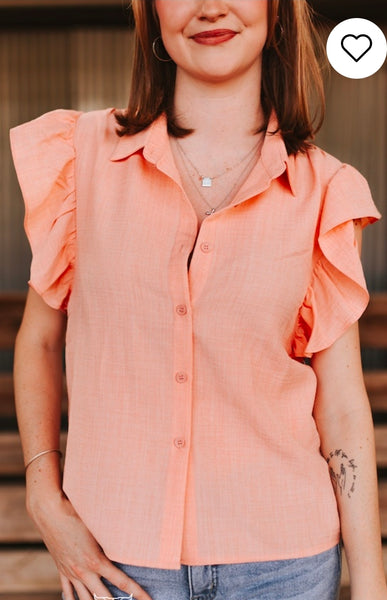 Coral Collared Button Down Ruffle Short Sleeve Top
