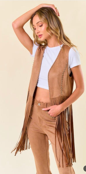 Studded Long Fringe Faux Suede Vest - Tan