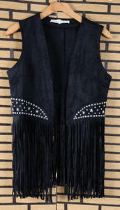 Suede Silver Studded Fringe Vest - Black