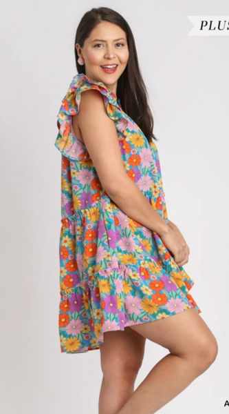Plus Size - V-Notched Floral Print Dress with Double Layered Ruffle Sleeves - Aqua Mix
