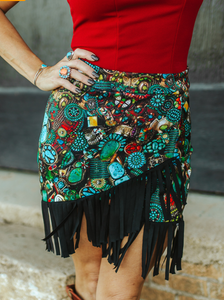 Turquoise Stone Jewelry Printed Wrap Fringe Skirt