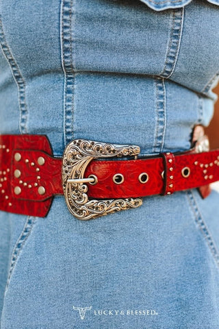 Red Tooled Genuine Leather Studded Wide Belt