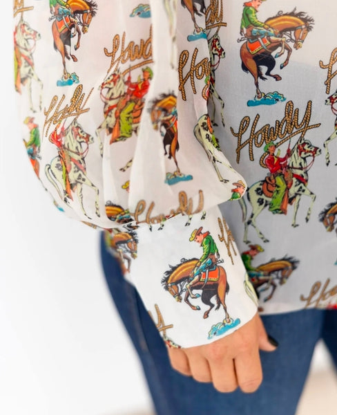 Ivory Howdy Western Print Button-Up Blouse