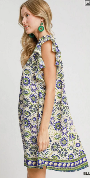 Ruffle Sleeve Boho Mini Dress - Blue Mix