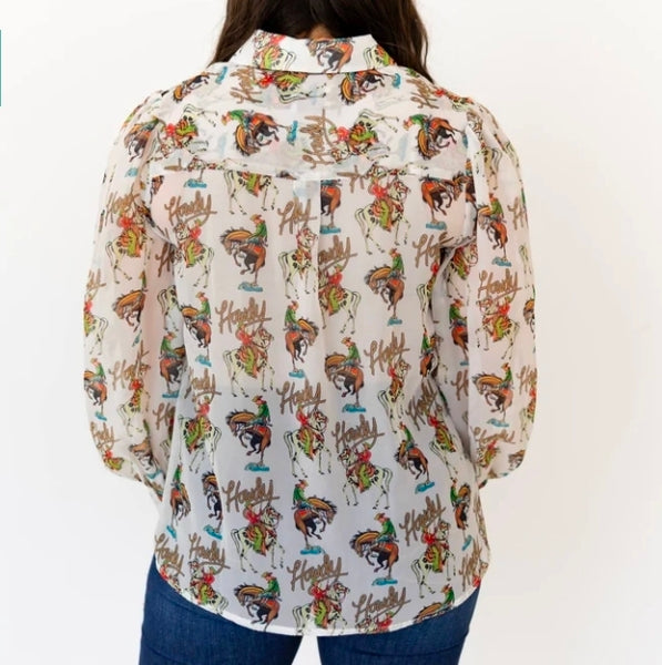 Ivory Howdy Western Print Button-Up Blouse