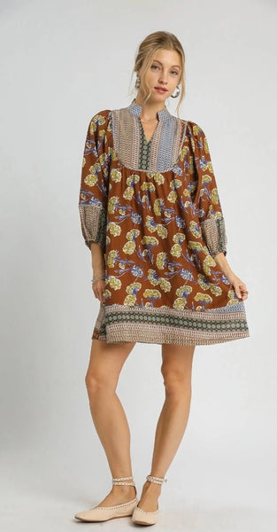 Boarder Print Tunic Dress - Sepia
