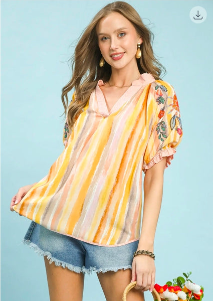Embroidered Puff Sleeve Striped V-Neck Boho Blouse - Honey Mix