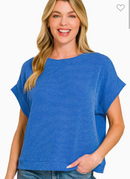 Ribbed Cap Sleeve Top - Bright Blue