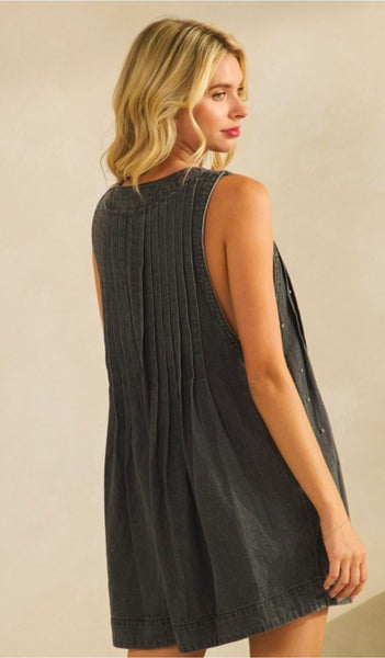 Pleated Rhinestone Denim Romper - Black wash