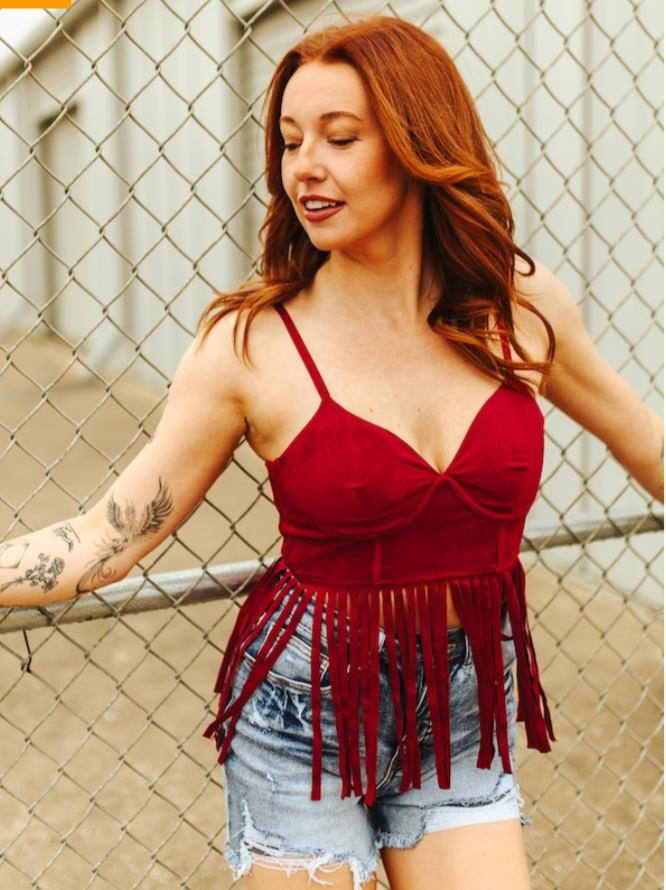 Red Stretch Suede Corset Fringe Hem Top