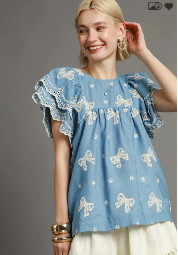 Vintage Charm Embroidered Denim Top - Light Denim